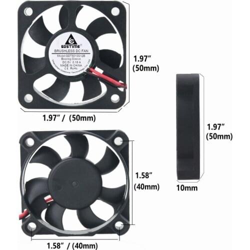 Gdstime 2 Pieces Small DC Fan 5V 50mm 2.0 2Pin Brushless Cooling Fan 50x50x10mm Computer Case Cooler 5010 Two Wires 7 Blades