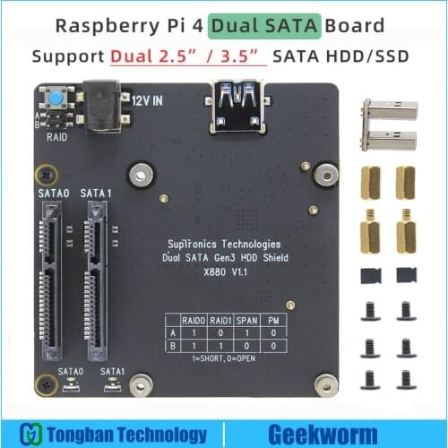 Raspberry Pi 4 Dual SATA Board, X880 V1.1 Dual 2.5" / 3.5" SATA HDD/SSD Shield with USB 3.0 Connector for Raspberry Pi 4 Model B