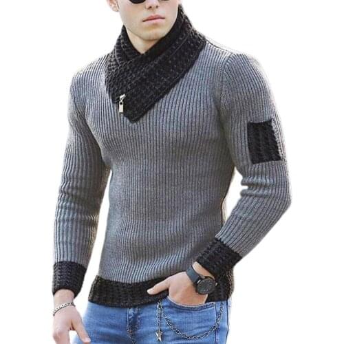 65% Dropshipping！！Mens Sweater Long Sleeve Scarf Collar Soft Color Block Casual Pullover Top