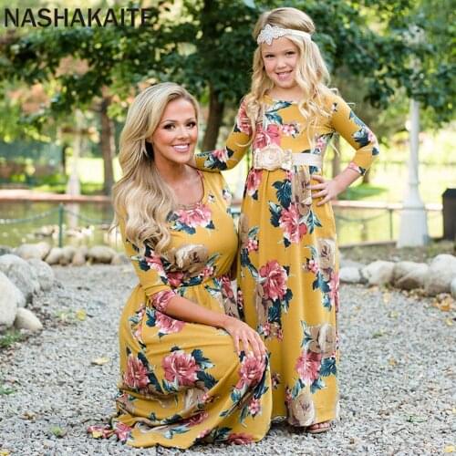 NASHAKAITE Mom and daughter dress Autumn Winter Yellow Printed Mother daughter dresses Fashion Family Look Mother and Daughter