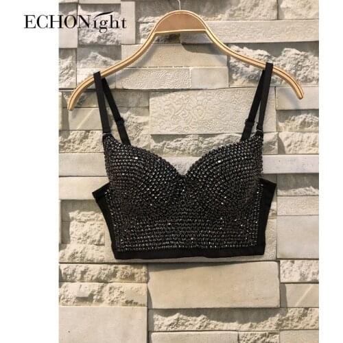 Echonight Gorgeous Corset Bead Bustier Pearls Diamond Push Up Night Club Bralette Womens Bra Cropped Top Party Top Corset