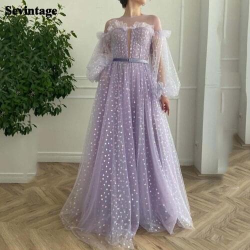 Sevintage Lavender Printed Heart Long Prom Dresses Sheer O-Neck Pleats Evening Gowns Full Puff Sleeves Wedding Party Dress 2021