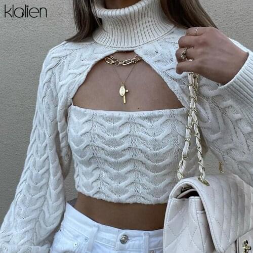 KLALIEN Autumn Long Sleeve Turtleneck Camisole and Pullover Two Piece Sweater For Women Solid Slim Stretch Wild Basic Sweater