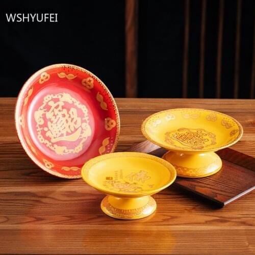 Chinese Style Buddhist Plates Ceramics High Foot Tribute Plate Guanyin God of Wealth Offering Fruit Dishes Buddhist Supplies