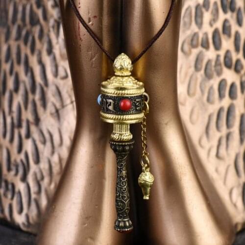 Tibet Supplies Fine Copper Om Mani Padme Hum Lotus Hand-cranking Prayer Wheel Honk Black Box Pendant buddha blessed