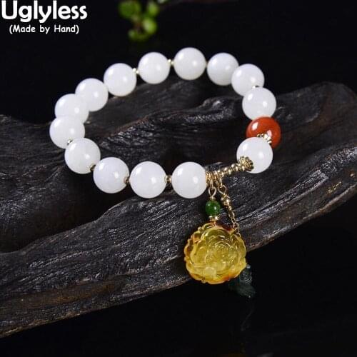 Uglyless Elastic Rope Adjustable Beading Gemstones Bracelets for Women Natural Agate Jade Amber Bracelets 925 Silver Beads Jewel