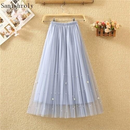 Sanishroly New Sprint Summer Women Beading Mesh Skirt Elastic High Waist Pleated Skirts Female A-Line Midi Long Lace Skirt SE922