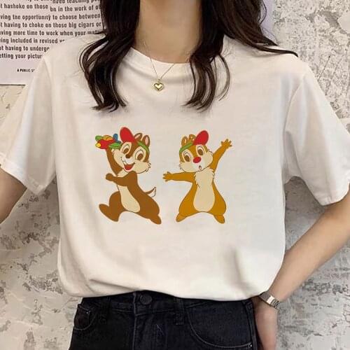 Disney Tshirts Chip 'n Dale Cartoon Print T-Shirt Cute Women Graphic Short Sleeve Female Casual White O-Neck Tee Top Dropship