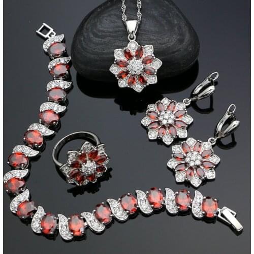 925 Sterling Silver Bridal Jewelry Sets For Women Red Cubic Zirconia Flower Earrings Pendant Ring Bracelet Necklace Silver Sets