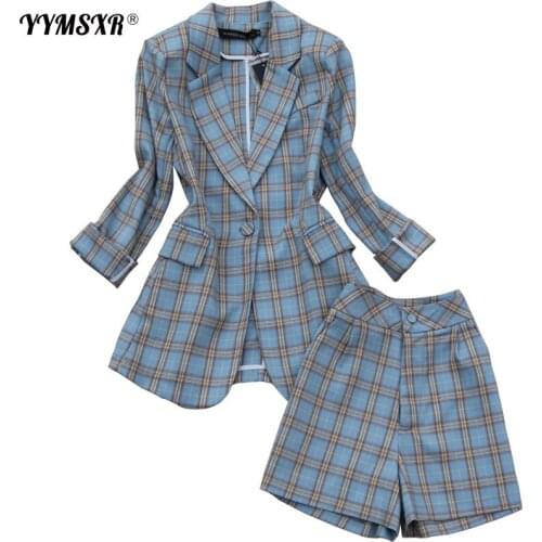 Plaid Suit Women Temperament Casual Office Suit Shorts Two-piece Summer Thin Long-sleeved Slim Jacket High Waist Shorts 2021