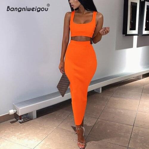 Bangniweigou Tank Top Long Skirt 2 Piece Outfits Women Neon Orange Green Knit Crop Top Slim Pencil Skirt Matching Sets Two Piece