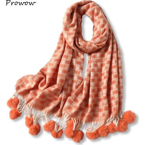 Ladies Wool Scarf for Women Thicken Warm Shawls and Wraps Plaid Echarpe Pashmina Winter Wool Scarves With furry ball D093