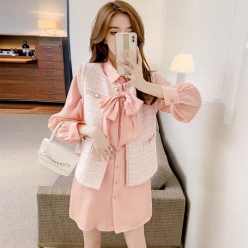 French Retro Temperament Tweed Small Fragrant Wind Vest Bow Coat and White All-match Lapel Shirt Dress Two Piece Set Women Autum
