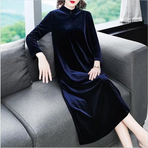 Chinese Style Fall Winter Women Velvet Long Dress Stand Collar A-Line Dress Elegant Party Maxi Dress Plus Size Vestidos M-8XL