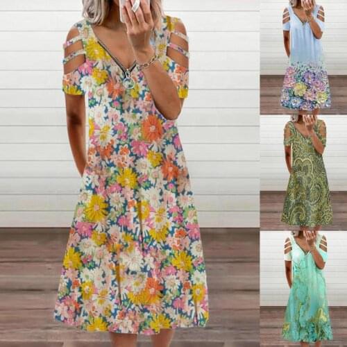 5 Colors Fashion Ladies Marbling Printing Dress Leisure Summer Dress Hollow Out for Holiday