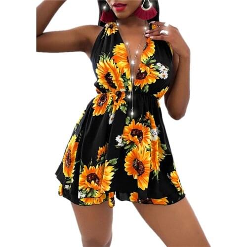 2021 Sleeveless Ruffles Bandage Sunflower Print Sexy Mini Dress Summer Women Fashion Streetwear Holiday Outfits Sundress