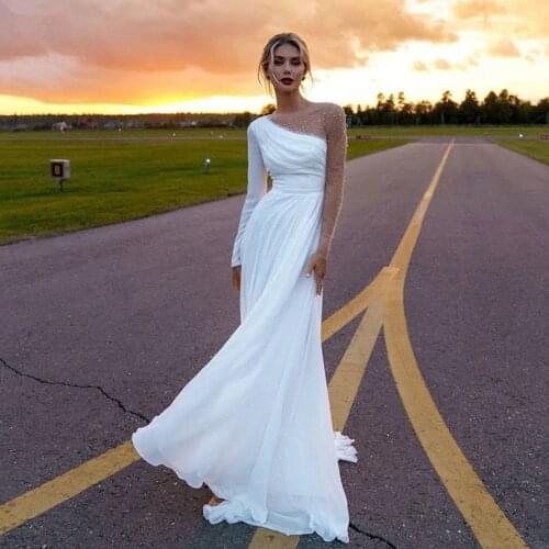 2021 Hot Sale White Chiffon Bridal Wedding Dresses Long Sleeves High Slit Wedding Gowns for Bride Beaded Affordable