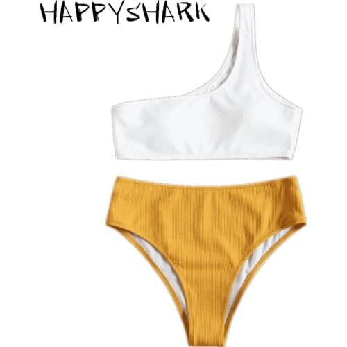 HAPPYSHARK Single Shoulder Bikinis 2019 New Bandeau Swimsuit Brazilian Biquinis Stripe Girls Summer Swimwear Maillot De Bain