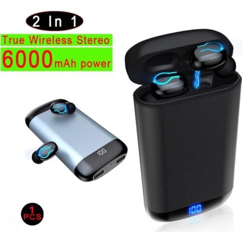 New 2-in-1 Bluetooth Headset Super Energy Bin 6000 mAh Wireless Headset LED Display Music HIFI Headset Sports Waterproof Headset