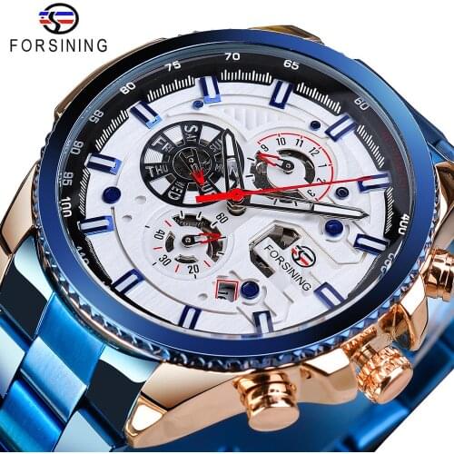 Forsining Business Mens Watches Top Brand Multicolor Man Clock Blue Stainless Steel Mechanical Automatic Stylish Male Wristwatch