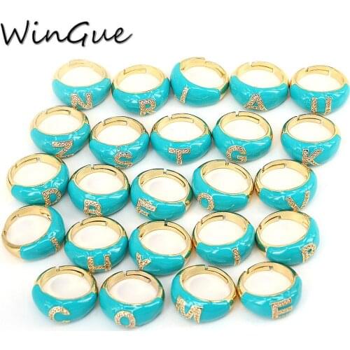Womens Initials A-Z Letter Enamel Blue Rings For Lady 26 Alphabet Wide Band CZ Letter Finger Engagement Band Diy Jewelry