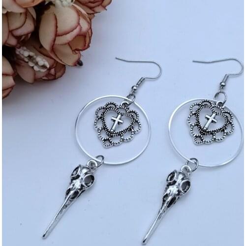 Gothic Heart Cross Bird Skull Earrings Jewellery Design Dark Art Goth Aestheic Dangle Earrings For Alternative Girl Punk Gifts