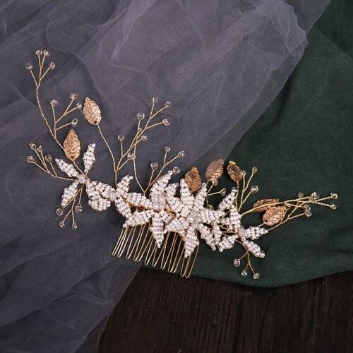 Pearl Flower Leaf Hair Comb Hair Accessories Bride Headpiece Pearl Rhinestone Wedding Hair Comb Women Hair Jewelry Decoration