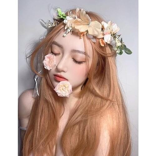 Idol Rose Lolita Wig Harajuku Fairy Cosplay Hair Almond Color Long Sweet Middle Part Adult Girls Casual Wear Hair