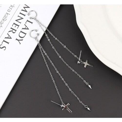 Punk Fake Piercing Cartilage Clip On Earrings Ear Cuff Small Cross Hoop Earrings With Chain Studs Single Ear