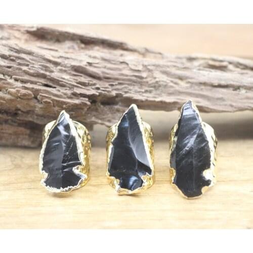 Rough Obsidian Arrow Rings Raw Black Stone Gems Resizable Band Ring Wedding Party Women Finger Ring Jewelry Dropshipping,QC4130