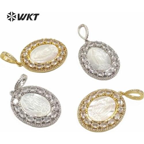 WT-MP142 WKT Natural Shell Pendant The Micro Pave With Shell Virgin Mary Pendant Women Fashion Pendant Jewelry Finding