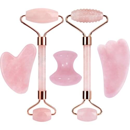 Jade Roller Massagers Face Body Gua Sha Scraper Beauty Facial Roller Set Natural Rose Quartz Massage Slimming Skin Care Tools