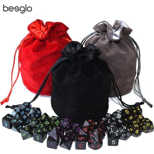 Opaque Black Polyhedral Dice 6 Sets and Drawstring Velvet Pouch for DnD RPG MTG Board Games D4 D6 D8 D10 D% D12 D20