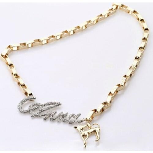 New Fashion Famous Luxury Brand Dog Pendant Gold Color Rhinestone Pave Name Long Sweater Necklace PBN-193