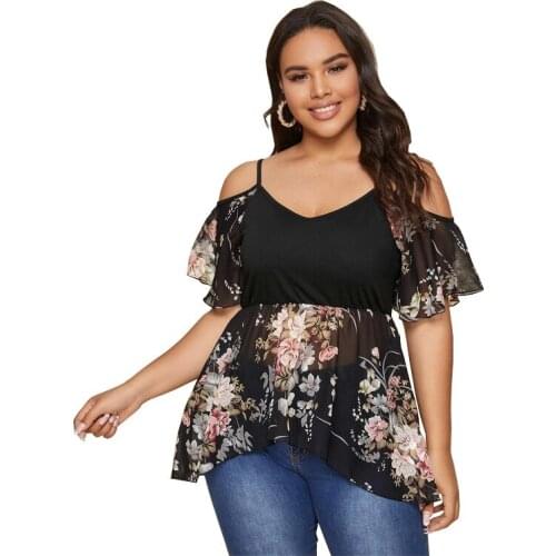 Off-shoulder Sleeves Womens Plus Size Womens Stitching Off-shoulder Sling Top Printed Mesh top womens clothing