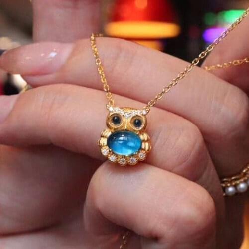 Original design Topaz Owl Pendant Necklace unique elegant romantic unique antique gold craft charm womens silver jewelry