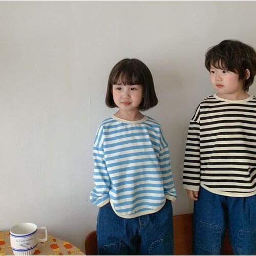 Autumn Unisex Loose Long Sleeve Striped Sweatshirt Boys and Girls 5 Color Cotton Clothes Boys Children Kids Tops