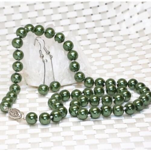 New arrival special design top quality imitation pearl shell green8mm round beads necklace earrings set jewelry set 18inch B2355