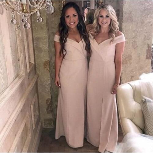 Off Shoulder Blush Pink Bridesmaid Dress Elastic Satin Long Wedding Guest Dresses Front Split Simple Wedding Party Dress Cheap