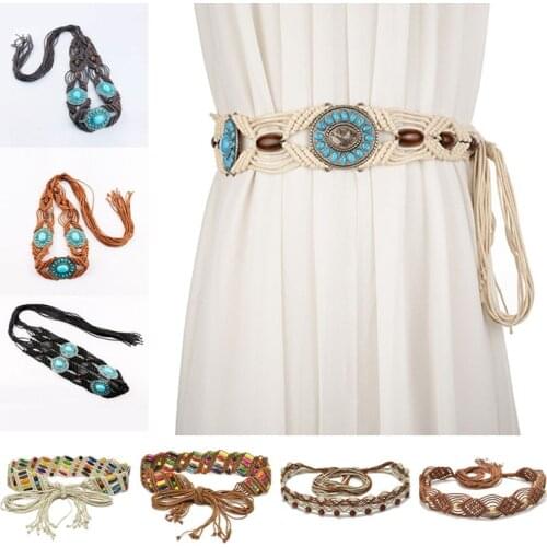 1PC Ethnic Wooden Bead Waistband Women Braided Belt Tassels Rope Fashion Casual Colourful