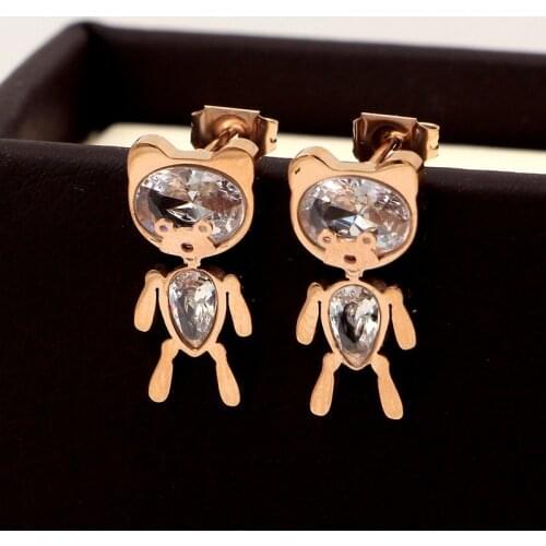 Elegant Zircon Bear Rose Gold Stud Earrings Cute Cool Baby Bear Titanium Steel Earrings for Women