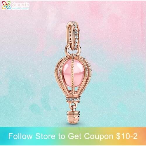 Smuxin 925 Sterling Silver Charm Sparkling Pink Hot Air Balloon Dangle Charm fit Original Pandora Bracelets for Women Jewelry