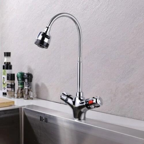 360 Degree Swivel Thermostatic Kitchen Faucet Adjustable Solid Brass Dual Handle Constant Temperature Mixer Tap Crane Chrome