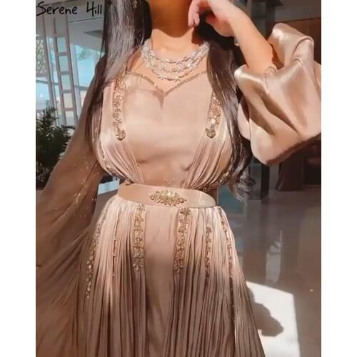 Serene Hill Muslim Gold A-Line Beaded Evening Gown 2021 Lantern Sleeves For Women Formal Party Dress CLA71054