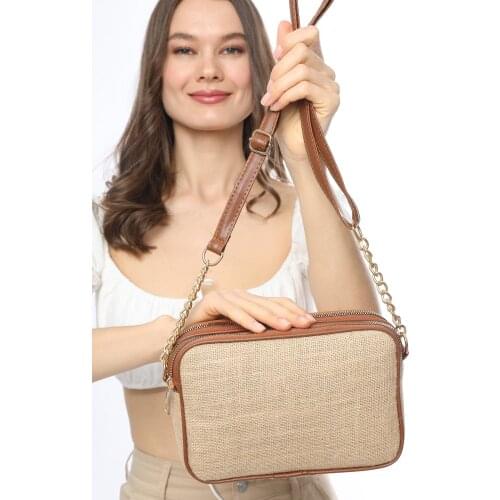 Tan Straw Female Multi-Compartment Quilted Messenger Bag