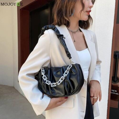 Womens Fashion Handbags Retro Pleated Thick PU Leather Chain PU Underarm Bag Casual Solid Color Shoulder Bags