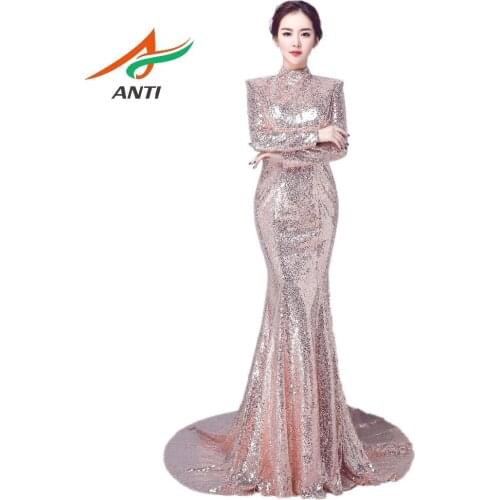 ANTI Robe De Soiree Long Sleeve Collar Sexy Backless Evening Dress Sequin Elegant Floor-Length Party Prom Gowns