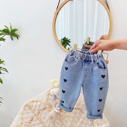 2021 Spring Fashion Children Kids Loving Heart Denim Jeans Casual Pants Full Length Girls Trousers