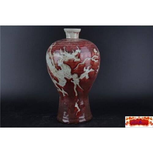 Antique YuanDynasty porcelain vase,"MEI PING",Red glaze&blue Dragon,Hand drawn,Decoration,collection &Adornment