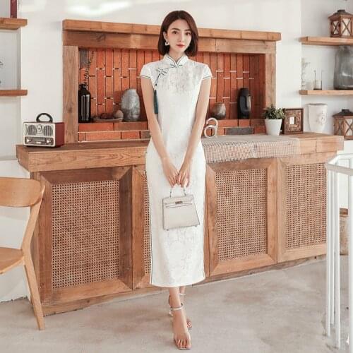 White Vintage Chinese Traditional Women Lace Qipao Plus Size 3XL Mandarin Collar Cheongsam Novelty Chinese Formal Dress